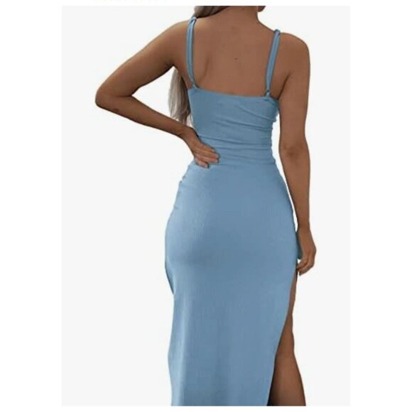 Lyaner Womens Blue Bodycon Tie Knot Cutout Maxi Dress Size Large Side Split - Picture 2 of 11